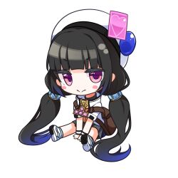 Rule 34 | 1girl, absurdres, backpack, bag, beret, between legs, black hair, black shirt, blue hair, blush stickers, chibi, closed mouth, commentary request, copyright request, full body, gradient hair, grey skirt, hand between legs, hat, heart, highres, jacket, long hair, low twintails, multicolored hair, plaid, plaid skirt, pleated skirt, purple eyes, shirasu youichi, shirt, shoe soles, shoes, short eyebrows, short sleeves, simple background, sitting, skirt, solo, thick eyebrows, twintails, very long hair, white background, white footwear, white hat, white jacket