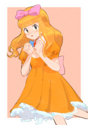 Rule 34 | 1boy, 1girl, ashley (pokemon), black eyes, blonde hair, blunt bangs, blush, bow, commentary request, creatures (company), crossdressing, dress, floating hair, frills, game freak, hair bow, hands up, highres, kikuyoshi (tracco), leg up, long hair, looking at viewer, male focus, nintendo, orange dress, pink bow, pokemon, pokemon (anime), pokemon (classic anime), pokemon (creature), short sleeves, sketch, solo