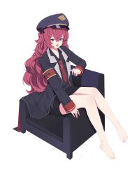 Rule 34 | 1girl, absurdres, armband, barefoot, black eyes, black jacket, black shirt, black skirt, blue archive, collared shirt, commentary, couch, crossed arms, full body, hat, highres, iroha (blue archive), jacket, kuyoumi, legs, long hair, long sleeves, military uniform, necktie, on couch, open mouth, peaked cap, pencil skirt, red armband, red hair, red necktie, shirt, simple background, sitting, skirt, smile, solo, uniform, white background