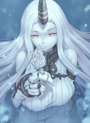 Rule 34 | 2girls, abyssal ship, breasts, claws, colored skin, dress, horns, kantai collection, large breasts, long hair, mini person, minigirl, multiple girls, pale skin, pink eyes, ribbed dress, rou (rou22), seaport princess, single horn, underwater, very long hair, white hair, white skin