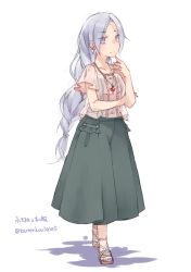 Rule 34 | 1girl, alternate costume, closed mouth, collarbone, contemporary, earrings, full body, green skirt, grey eyes, highres, jewelry, long hair, long skirt, looking at viewer, pendant, sandals, silver hair, simple background, skirt, smile, solo, touhou, toutenkou, very long hair, white background, yagokoro eirin