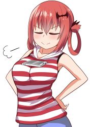 Rule 34 | 1girl, breasts, closed eyes, gabriel dropout, hair between eyes, hair ornament, hands on own hips, highres, large breasts, red hair, red shirt, satanichia kurumizawa mcdowell, shirt, short hair, sidelocks, simple background, solo, striped clothes, striped shirt, tawawa challenge, the only shoe, white background