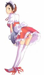 Rule 34 | 00s, 1girl, apron, blush, d.gray-man, high heels, leaning forward, lenalee lee, looking at viewer, looking back, maid, maid headdress, mosha, panties, pantyshot, red footwear, red heels, shoes, short hair, short sleeves, simple background, solo, standing, thighhighs, tray, underwear, waist apron, waitress, white background, white thighhighs, zettai ryouiki