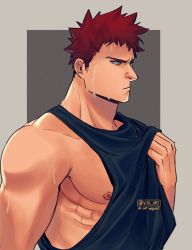 Rule 34 | 1boy, aged down, bara, bare shoulders, beard, blue eyes, boku no hero academia, clothes pull, endeavor (boku no hero academia), facial hair, highres, large pectorals, looking to the side, male focus, meme, multiple drawing challenge, muscular, muscular male, nipples, pectorals, pulled by self, red hair, scar, scar across eye, scar on face, shirt, shirt cut meme, shirt cut meme, shirt pull, short hair, sideburns, sidepec, sleeveless, sleeveless shirt, solo, spiked hair, sweat, viol vrt