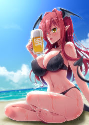 Rule 34 | 1girl, :d, alternate eye color, bare shoulders, barefoot, bat wings, beach, beer mug, bikini, black bikini, blue sky, blush, breasts, cleavage, collarbone, commentary request, crossed legs, cup, dated, day, demon girl, demon tail, demon wings, eyelashes, female focus, hair between eyes, head wings, highres, holding, indian style, koakuma, large breasts, long hair, looking at viewer, mug, navel, ocean, open mouth, outdoors, pointy ears, sidelocks, signature, sitting, sky, smile, solo, stomach, sunlight, sweat, swimsuit, tail, tan, tanline, thighs, tongue, touhou, water, wet, wet clothes, wet hair, wings, yamu (reverse noise), yellow eyes