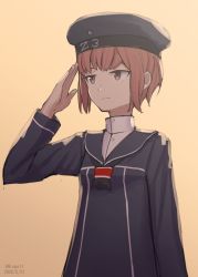 Rule 34 | 1girl, black dress, black hat, black neckerchief, black sailor collar, brown eyes, brown hair, clothes writing, dated, dress, gradient background, hat, highres, hispol, kantai collection, neckerchief, one-hour drawing challenge, sailor collar, sailor dress, sailor hat, salute, short hair, solo, twitter username, upper body, z3 max schultz (kancolle)