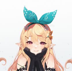 Rule 34 | 1girl, artist name, bare shoulders, black gloves, blonde hair, commentary, elbow gloves, english commentary, eyes visible through hair, flower, gloves, hair between eyes, hair flower, hair ornament, hairband, hairclip, head rest, highres, long hair, looking at viewer, nijisanji, nijisanji en, parted lips, pointy ears, pomu rainpuff, red eyes, simple background, smile, solo, straight-on, terupancake, virtual youtuber, white background