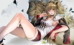 Rule 34 | 1girl, absurdres, animal ear fluff, animal ears, arknights, bare legs, black choker, black jacket, breasts, brown eyes, brown hair, candy, choker, cleavage, commentary, cutoffs, fang, feet out of frame, food, grey background, hand up, highres, holding, holding food, huge filesize, jacket, knee up, large breasts, lion, lion ears, lollipop, long hair, long sleeves, looking at viewer, open mouth, reclining, red shorts, revision, rota (078), short shorts, shorts, sidelocks, siege (arknights), tank top, thighs, white tank top