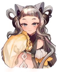 Rule 34 | 1girl, absurdres, animal ears, black eyes, blunt bangs, blush, brown hair, cat ears, closed mouth, crop top, forehead, hair ornament, hand up, highres, jewelry, long hair, long sleeves, looking at viewer, original, puffy sleeves, silver hair, simple background, sleeves past wrists, smile, solo, thick eyebrows, upper body, white background, yun-yang