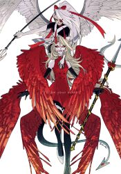 Rule 34 | 2girls, aki (supekutooru), angel, angel wings, blonde hair, bow, charlie morningstar, circle facial mark, colored sclera, colored skin, demon girl, demon horns, demon tail, demon wings, dress, elbow gloves, english text, feathered wings, gloves, grey hair, grey skin, hair bow, hazbin hotel, highres, holding, holding polearm, holding trident, holding weapon, horns, long hair, looking at viewer, multiple girls, multiple wings, pink sclera, polearm, red bow, red dress, red sclera, serious, simple background, spear, tail, thighhighs, trident, vaggie, very long hair, weapon, white skin, wings, yellow eyes