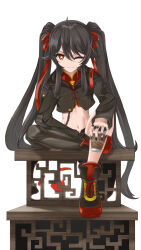 Rule 34 | 1girl, absurdres, black hair, black nails, black thighhighs, boo tao (genshin impact), chinese clothes, cropped jacket, cup, disposable cup, flower-shaped pupils, genshin impact, ghost, hair between eyes, hair ribbon, highres, holding, holding cup, hu tao (genshin impact), indy k, jewelry, long hair, looking at viewer, midriff, multiple rings, navel, one eye closed, red eyes, ribbon, ring, single thighhigh, solo, symbol-shaped pupils, thighhighs, twintails, white background