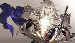 Rule 34 | 1boy, :|, amor, armor, balmung (fate/apocrypha), closed mouth, commentary request, dark-skinned male, dark skin, expressionless, fate/apocrypha, fate/grand order, fate (series), flameworld7, gradient background, green eyes, grey background, long hair, looking at viewer, male focus, platinum blonde hair, scar, serious, siegfried (fate), simple background, solo, sword, twitter username, upper body, weapon, white hair