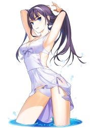 Rule 34 | 1girl, absurdres, armpits, arms up, backless dress, backless outfit, bikini, blue eyes, breasts, cleavage, closers, cowboy shot, cropped legs, dress, floating hair, grey ribbon, groin, hairband, highres, long hair, looking at viewer, medium breasts, official art, parted lips, purple hair, shiny skin, short dress, side-tie bikini bottom, simple background, sleeveless, sleeveless dress, smile, solo, standing, sundress, swimsuit, very long hair, violet (closers), wading, white background, white bikini, white dress