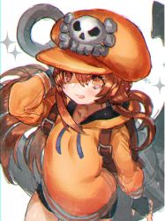Rule 34 | 1girl, anchor, bike shorts, black gloves, black sclera, blush, brown eyes, brown hair, colored sclera, fingerless gloves, gloves, guilty gear, guilty gear strive, hat, highres, long hair, looking at viewer, may (guilty gear), open mouth, orange hat, pirate hat, simple background, sketch, skull and crossbones, smile, solo, white background, yohane shimizu