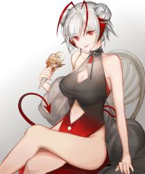 Rule 34 | 1girl, ahoge, alternate costume, arknights, arm support, ayakoayako, black dress, breasts, chair, cleavage cutout, clothing cutout, commentary request, crossed legs, demon girl, demon horns, demon tail, double bun, dress, feet out of frame, female focus, food, gradient background, grey background, grey hair, hair bun, highres, holding, holding food, horns, ice cream, ice cream cone, large breasts, looking at viewer, no panties, pelvic curtain, red dress, red eyes, short hair, sitting, sleeveless, sleeveless dress, smile, solo, tail, tongue, tongue out, two-tone dress, w (arknights)