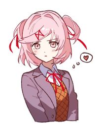Rule 34 | blush, brown jacket, closed mouth, doki doki literature club, hair ornament, hairband, heart, jacket, looking at viewer, natsuki (doki doki literature club), neck ribbon, pink eyes, pink hair, ribbon, school uniform, short hair, simple background, solo, solo focus, speech bubble, upper body, white background, wing collar, yuna 4568
