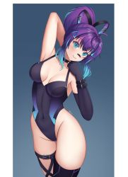Rule 34 | 1girl, ahoge, arm up, armpits, bandaid, bandaid on face, bandaid on nose, bare shoulders, black leotard, black thighhighs, blue eyes, blue hair, breasts, choker, cleavage, commentary, elbow gloves, fingerless gloves, gloves, grey background, hair ornament, hand on own chin, highres, indie virtual youtuber, leotard, looking at viewer, medium breasts, melody (projektmelody), melody (projektmelody) (4th costume), multicolored hair, nessio art, ponytail, purple hair, solo, streaked hair, thigh strap, thighhighs, thighs, virtual youtuber, vshojo, white background