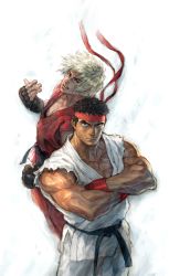 Rule 34 | 2boys, absurdres, capcom, crossed arms, headband, highres, ken masters, male focus, multiple boys, nishimura kinu, official art, ryu (street fighter), street fighter, white background