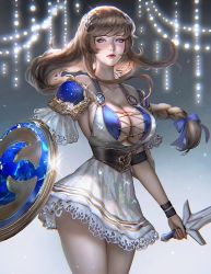 Rule 34 | 1girl, armor, blue bow, blue eyes, borrowed character, bow, braid, braided ponytail, breasts, brown hair, cleavage, commentary, cosplay, detached sleeves, dress, english commentary, gift art, hair bow, holding, holding shield, holding sword, holding weapon, large breasts, laurel crown, lips, long hair, low-tied long hair, mea koenig, namco, original, pale skin, revealing clothes, serafleur, shield, shoulder armor, silver dress, single braid, solo, sophitia alexandra, sophitia alexandra (cosplay), soul calibur, sparkle, sword, very long hair, weapon, wristband