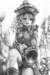 Rule 34 | 1girl, :d, bad id, bad pixiv id, boots, dress, facing viewer, frilled dress, frills, greyscale, hat, hat ornament, highres, holding, instrument, leg up, long sleeves, looking away, merlin prismriver, monochrome, nagayo, open mouth, revision, sitting, smile, solo, touhou, trumpet, upper body, vest, wavy hair