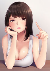 Rule 34 | 1girl, absurdres, bare arms, bare shoulders, blouse, breasts, brown eyes, brown hair, brown nails, cleavage, collarbone, commentary request, eyelashes, gradient background, hands up, head rest, head tilt, highres, index finger raised, large breasts, lips, long hair, looking at viewer, mole, mole under eye, original, parted lips, shadow, shirt, sleeveless, sleeveless shirt, solo, takoneru, tank top, white shirt