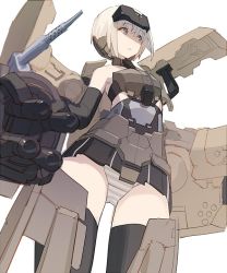 Rule 34 | 10s, 1girl, armor, black thighhighs, blonde hair, blue eyes, cowboy shot, elbow gloves, expressionless, frame arms girl, from below, gloves, gourai, gun, headgear, kawaguchi (mojacome), looking to the side, machine gun, machinery, mecha musume, microskirt, panties, pantyshot, short hair, skirt, solo, standing, striped clothes, striped panties, thighhighs, underwear, weapon, white background