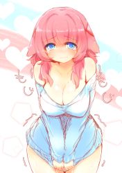 Rule 34 | 1girl, bad id, bad pixiv id, bare shoulders, blue eyes, blush, breasts, cleavage, collarbone, covering privates, covering crotch, ears down, kanae (naomi), large breasts, looking at viewer, nanashin naomi, off-shoulder, off-shoulder sweater, off shoulder, original, pink hair, shiny skin, shirt tug, solo, sweater, tears, trembling, wavy mouth