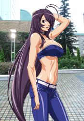Rule 34 | 00s, 1girl, arms up, ass, bare shoulders, belt, blue eyes, breasts, building, cleavage, denim, covered erect nipples, hair over one eye, hip focus, huge breasts, ikkitousen, jeans, kan&#039;u unchou, legs, long hair, looking at viewer, midriff, navel, no bra, open mouth, pants, purple hair, solo, standing, thighs, very long hair, yabusame