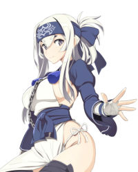 Rule 34 | 10s, 1girl, bandaged arm, bandages, black thighhighs, breasts, chain, folded hair, grey eyes, hair between eyes, headband, japanese clothes, kamoi (kancolle), kantai collection, large breasts, long sleeves, nanashino, obi, panties, sash, side-tie panties, side slit, sideboob, sidelocks, simple background, smile, solo, thick eyebrows, thighhighs, underwear, white background, white hair