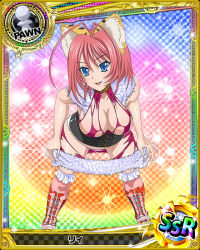 Rule 34 | 10s, 1girl, :d, animal ears, antenna hair, bent over, black thighhighs, blue eyes, boots, border, breasts, buckle, card (medium), character name, checkered background, chess piece, cleavage, cleavage cutout, clothing cutout, corset, covered erect nipples, cross-laced footwear, dress, earrings, frilled thighhighs, frills, fur trim, gradient background, hair between eyes, happy, high school dxd, jewelry, knee boots, large breasts, legs apart, looking at viewer, neck ring, ni (high school dxd), no bra, official art, open mouth, over-kneehighs, panties, parted bangs, pawn (chess), pink hair, pink thighhighs, purple dress, rainbow background, red footwear, runes, short dress, sideboob, skirt hold, sleeveless, sleeveless dress, slit pupils, smile, solo, sparkle, thighhighs, torn clothes, torn dress, trading card, underwear, white panties