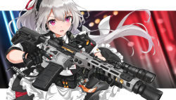 Rule 34 | 1girl, apron, ar-15, assault rifle, black gloves, blush, commentary request, fatkewell, flashbang, flashlight, gloves, gun, gun sling, hair between eyes, hair ornament, headset, highres, holding, holding gun, holding weapon, id card, long hair, maid, open mouth, original, outside border, pink eyes, pouch, rifle, scope, silver hair, solo, tactical clothes, teeth, trigger discipline, upper teeth only, weapon