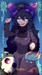 Rule 34 | 1girl, @ @, absurdres, afuron, black hair, blue background, blush, breasts, commentary request, creatures (company), dress, duskull, framed, game freak, gen 1 pokemon, gen 2 pokemon, gen 3 pokemon, hair between eyes, hand up, haunter, hex maniac (pokemon), highres, long hair, long sleeves, looking at viewer, medium breasts, misdreavus, nintendo, open mouth, pokemon, pokemon (creature), pokemon xy, sweat
