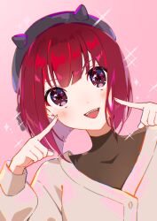 Rule 34 | 1girl, absurdres, arima kana, black headwear, blush, bob cut, commentary, gradient background, highres, inverted bob, looking at viewer, open mouth, oshi no ko, pink background, pointing, pointing at self, red eyes, red hair, romaji commentary, short hair, smile, solo, sparkle, sweater, teeth, turtleneck, upper teeth only, white sweater, xiang yu pai