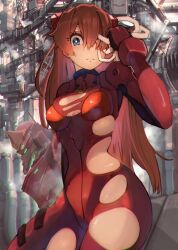 Rule 34 | 1girl, absurdres, ass, bandaid, bandaid on face, blue eyes, bodysuit, breasts, brown hair, curvy, embarrassed, evangelion: 3.0+1.0 thrice upon a time, highres, long hair, looking at viewer, medium breasts, neon genesis evangelion, plugsuit, rebuild of evangelion, red bodysuit, shiny clothes, solo, souryuu asuka langley, torn bodysuit, torn clothes, wide hips, yakankome