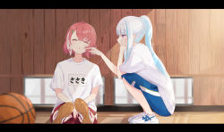 2girls :o absurdres ahoge akagikou ball basketball basketball_(object) blue_eyes blue_pants blurry blurry_foreground blush braid brown_hair cheek_poking closed_eyes commentary_request depth_of_field earrings gym_shirt gym_uniform hair_between_eyes hair_ornament hairclip highres jewelry letterboxed lize_helesta long_hair multicolored_hair multiple_girls nijisanji no_socks pants parted_lips poking ponytail profile purple_eyes sasaki_saku shirt shoe_soles shoes short_sleeves sitting squatting streaked_hair very_long_hair virtual_youtuber white_footwear white_hair white_shirt