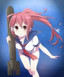 Rule 34 | 10s, 1girl, bad id, bad pixiv id, hair ornament, hair ribbon, highres, i-168 (kancolle), kantai collection, neckerchief, ponytail, red eyes, red hair, ribbon, sailor collar, school uniform, solo, swimsuit, swimsuit under clothes, torpedo, underwater, white ribbon, yukichi (eikichi)