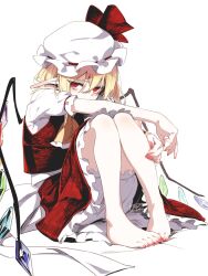 1girl asutora barefoot blonde_hair bloomers crystal feet flandre_scarlet hat highres legs looking_at_viewer mob_cap pointy_ears red_eyes red_shirt red_skirt shirt short_sleeves side_ponytail simple_background sitting skirt solo toenails toes touhou underwear white_background white_hat wings