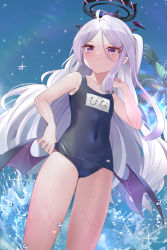 Rule 34 | 1girl, :t, ahoge, bare arms, blue archive, blue one-piece swimsuit, blush, closed mouth, covered navel, cowboy shot, day, flat chest, hair between eyes, hair ornament, hairclip, halo, hina (blue archive), hina (swimsuit) (blue archive), horns, long hair, low wings, mujinbensin, name tag, one-piece swimsuit, one side up, palm tree, parted bangs, pointy ears, purple eyes, solo, standing, swimsuit, tree, very long hair, water, wet, white hair, wings