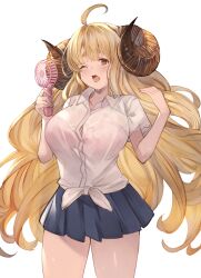 Rule 34 | 1girl, ahoge, anila (granblue fantasy), ayacho, blonde hair, blue skirt, blunt bangs, blush, bra, breasts, brown eyes, collarbone, collared shirt, cowboy shot, curled horns, draph, granblue fantasy, hand fan, highres, holding, holding fan, horns, hot, huge breasts, long hair, miniskirt, one eye closed, pink bra, pleated skirt, school uniform, see-through, see-through shirt, shirt, short eyebrows, simple background, skirt, solo, sweat, thick eyebrows, thick thighs, thighs, tied shirt, underwear, very long hair, wavy hair, white background, white shirt