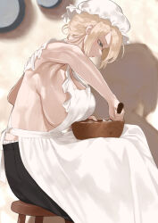 Rule 34 | 1girl, apron, armpits, bare shoulders, blonde hair, blue eyes, bowl, breasts, commentary request, elliot (throtem), frills, from side, hair bun, hat, highres, holding, holding ladle, ladle, large breasts, maid, mob cap, nearly naked apron, original, sideboob, sitting, solo, stirring, stool, throtem, white apron, white hat