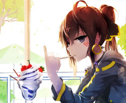 Rule 34 | 1girl, brown hair, cherry, drawing on another&#039;s face, facepaint, food, fruit, green eyes, heart, ice cream, long hair, looking at viewer, original, pinky out, ponytail, qian ye (qys3), qys3, solo, strawberry, tattoo