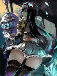 Rule 34 | 10s, 1girl, black hair, black thighhighs, blue eyes, frilled thighhighs, frills, gloves, goggles, goggles on head, granblue fantasy, highres, jessica (granblue fantasy), light smile, long hair, looking at viewer, miniskirt, re (tori), skirt, solo, thighhighs, white gloves, zettai ryouiki