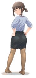 Rule 34 | 1girl, ass, blue shirt, blush, brown eyes, brown hair, brown pantyhose, douki-chan (douki-chan), from behind, ganbare douki-chan, hands on own hips, highres, inu (aerodog), kneepits, lanyard, looking back, no shoes, office lady, pantyhose, pencil skirt, shirt, short ponytail, skirt, smile, solo
