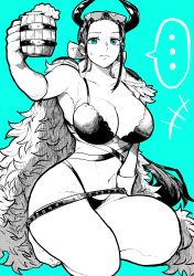 Rule 34 | ..., 1girl, absurdres, armor, armpits, bare legs, barefoot, beast pirates, beast pirates uniform, beer mug, bikini, blue background, blue eyes, bow, breasts, cape, cleavage, closed mouth, commentary, cup, curvy, eyewear on head, fake horns, foam, forehead, full body, fur cape, glasses, gloves, greyscale with colored background, hair bow, highres, holding, holding cup, horns, large breasts, looking at viewer, medium hair, mug, navel, nico robin, official alternate costume, one piece, shoulder armor, sidelocks, simple background, solo, spoken ellipsis, spot color, stomach, sweatdrop, swimsuit, thick thighs, thighs, thong, yotsumi shiro