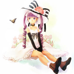 Rule 34 | 1girl, alternate costume, bad id, bad pixiv id, black gloves, bug, butterfly, choker, curly hair, dress, elbow gloves, expressionless, flower, full body, gloves, hat, bug, long hair, maruishi, purple eyes, purple hair, shoes, sitting, solo, sophie (tales), tales of (series), tales of graces, twintails, v arms, white background, white dress