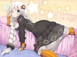 Rule 34 | 1girl, ahoge, ass, bad id, bad pixiv id, bed, black dress, black jacket, blush, braid, breasts, closed mouth, dress, elbow gloves, feet out of frame, fingerless gloves, frilled pillow, frills, from side, gloves, green eyes, hair ornament, hand up, jacket, kizuna akari, large breasts, long hair, long sleeves, looking at viewer, looking to the side, murano, one eye closed, open clothes, open jacket, orange gloves, orange pantyhose, pantyhose, pillow, see-through, shirt, solo, star (symbol), striped clothes, striped gloves, striped pantyhose, twin braids, vertical-striped clothes, vertical-striped gloves, vertical-striped pantyhose, voiceroid, white hair, white shirt