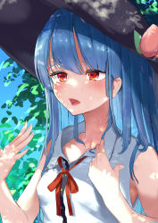 Rule 34 | 1girl, absurdres, arm up, black headwear, blue hair, blush, breasts, collarbone, collared shirt, commentary request, cropped torso, dappled sunlight, ei tantan, fruit hat ornament, highres, hinanawi tenshi, hot, leaf, long hair, open mouth, peach hat ornament, red eyes, red neckwear, red ribbon, ribbon, shirt, sidelocks, sleeveless, sleeveless shirt, small breasts, solo, sunlight, touhou, white shirt, wing collar