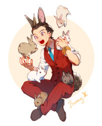Rule 34 | 1boy, ace attorney, animal, animal ears, apollo justice, blue necktie, bracelet, brown eyes, brown hair, buttons, collared shirt, crossed legs, english text, hi-fi (fijazzy), holding, holding animal, invisible chair, jewelry, kemonomimi mode, male focus, necktie, open mouth, pocket, rabbit, rabbit tail, red vest, shirt, shoes, sitting, sleeves rolled up, tail, vest, white shirt