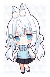 Rule 34 | 1girl, animal ears, black footwear, black skirt, blue bow, blue eyes, blush stickers, bow, chibi, closed mouth, commentary request, double bun, full body, hair between eyes, hair bun, hair ornament, hairclip, highres, long hair, long sleeves, low twintails, nakkar, original, plaid, plaid bow, pleated skirt, puffy long sleeves, puffy sleeves, shirt, shoes, signature, skirt, sleeves past wrists, socks, solo, standing, standing on one leg, sweater vest, twintails, very long hair, watermark, white hair, white shirt, white socks