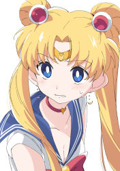 Rule 34 | 1girl, bishoujo senshi sailor moon, bishoujo senshi sailor moon s, blonde hair, blue eyes, blue sailor collar, blush, breasts, choker, circlet, cleavage, clenched teeth, collarbone, crescent, crescent earrings, derivative work, double bun, earrings, from side, hair bun, hair over shoulder, heart, ixy, jewelry, long hair, magical girl, medium breasts, meme, red choker, sailor collar, sailor moon, sailor moon redraw challenge (meme), sailor senshi uniform, screenshot redraw, simple background, solo, teeth, tsukino usagi, twintails, upper body, white background